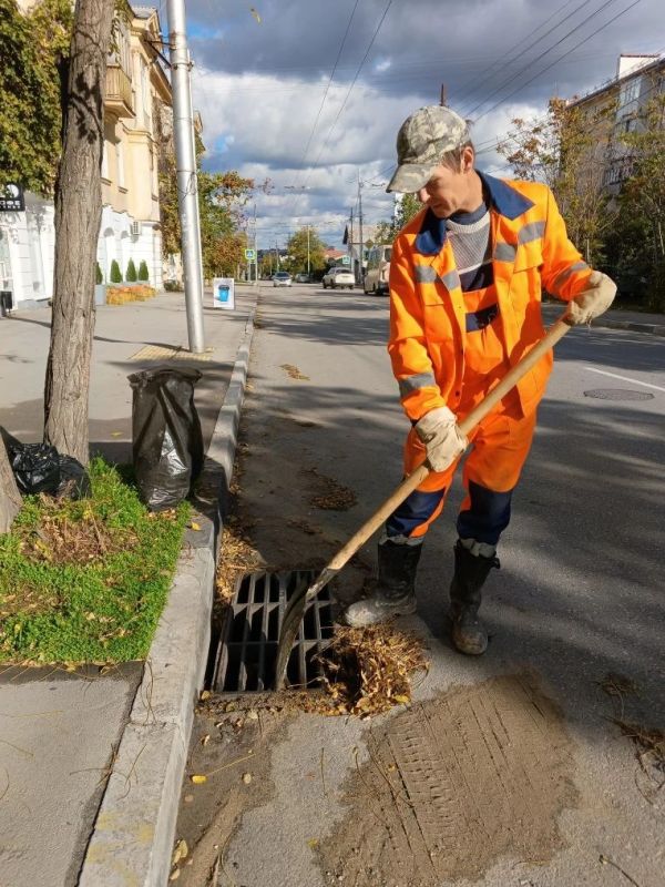 Водоканал: Рабочие моменты. Бригада службы ливневой канализации очищает ливневые решетки и лотки от листвы Фото мастера Александра Дудкина