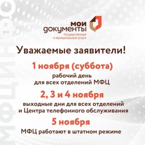 Режим работы МЦФ «Мои документы» в период с 3 по 5 ноября 2025 года