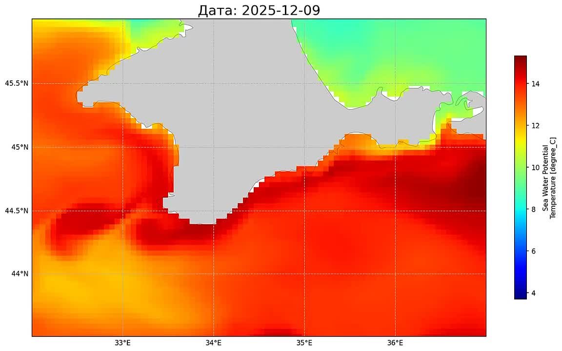 Морской гидрофизический институт РАН предоставил научный прогноз температуры поверхности моря на Крымском побережье на неделю, с 8 по 17 декабря