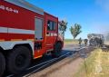 В Запорожской области сотрудники МЧС России ликвидировали возгорание рейсового автобуса в результате атаки БПЛА