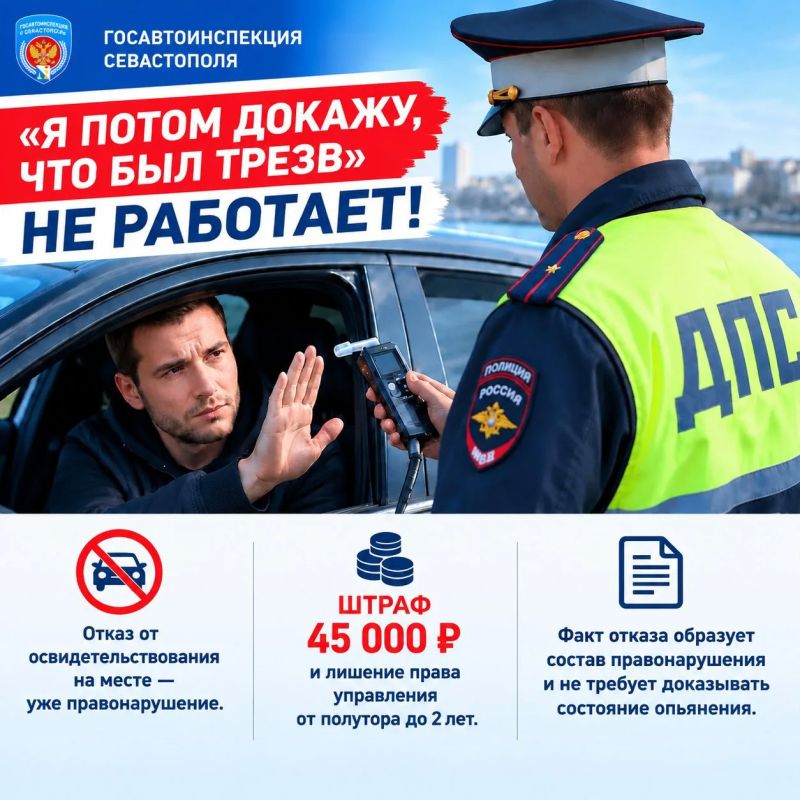 Госавтоинспекция Севастополя разъясняет, почему «я потом докажу, что был трезв» не работает